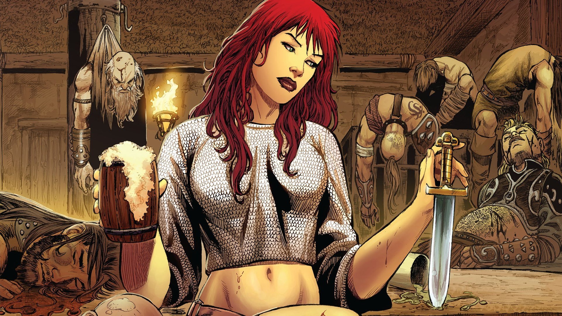 Red Sonja studies a knife and drinks a pint in front of dead bodies