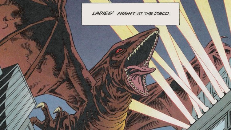 Comic panel of Gyaos with the text box, "Ladies' night at the disco."