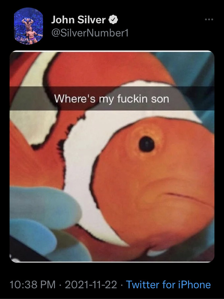 Snapchat of an angry-looking clownfish: "Where's my fuckin son"